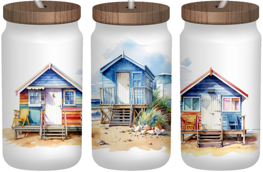 Beach Houses Frosted 16oz Glass Can – Bamboo Lid & Straw