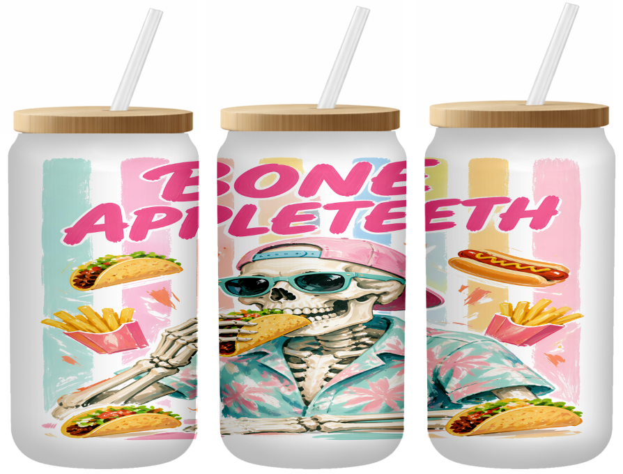 Bone Appleteeth Glass Can | 16oz Frosted Tumbler – Bamboo Lid & Straw