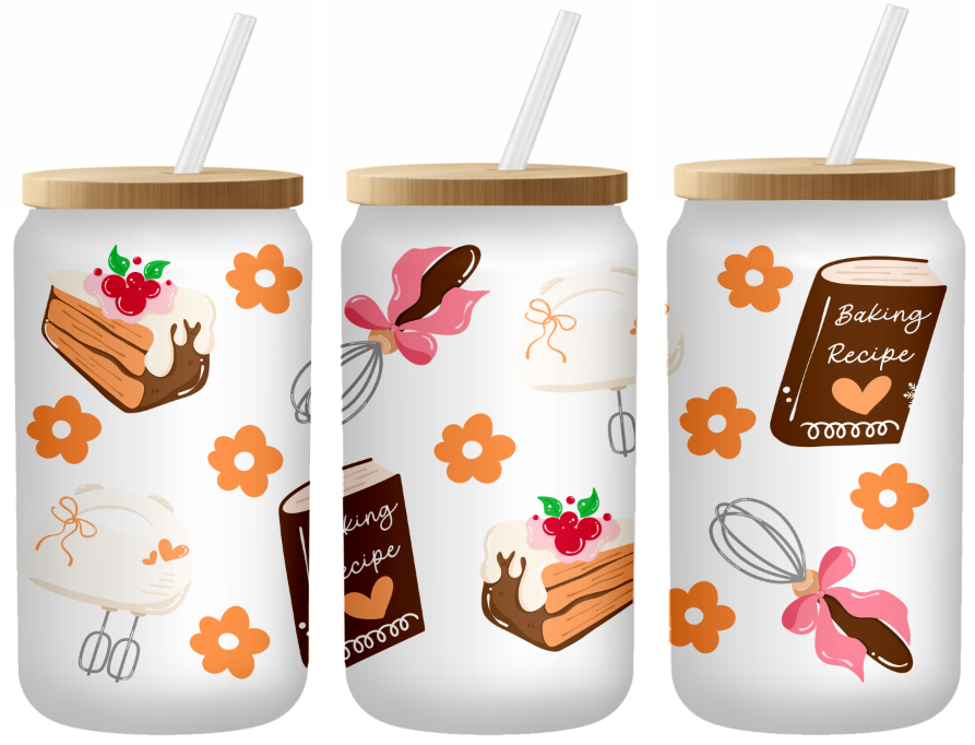 Retro Baking Recipe & Cake Aesthetic | Frosted 16oz Glass Can – Bamboo Lid & Straw