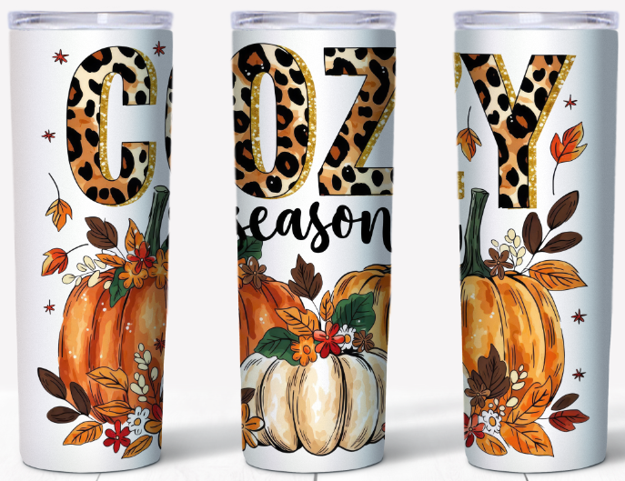 Leopard Cozy Season Pumpkins 20oz Skinny Tumbler | Johanna Lesley Creations