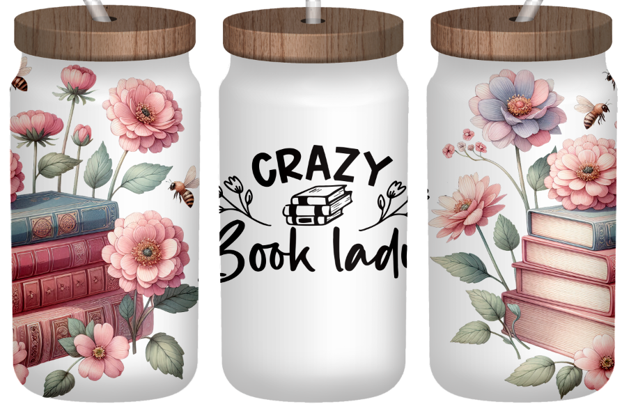 Crazy Book Lady | Frosted 16oz Glass Can – Bamboo Lid & Straw