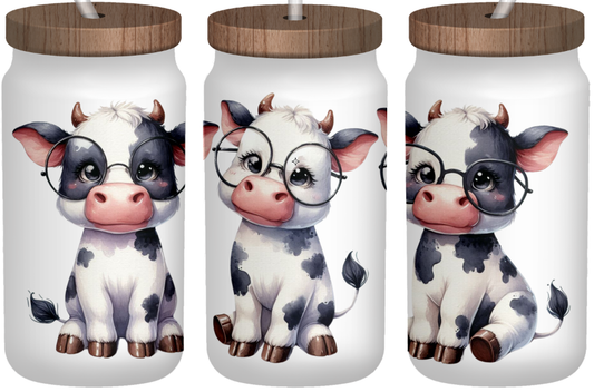 Cute Cows with glasses Frosted 16oz Glass Can – Bamboo Lid & Straw
