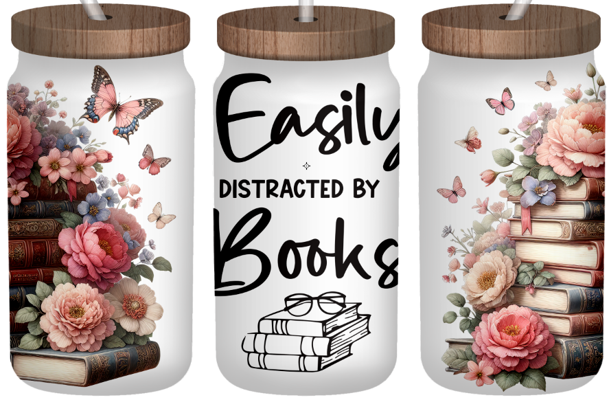 Easily Distracted By Books | Frosted 16oz Glass Can – Bamboo Lid & Straw