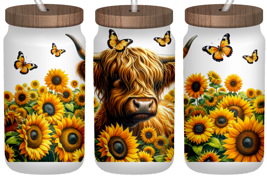 Highland cow with Sunflowers Frosted 16oz Glass Can – Bamboo Lid & Straw