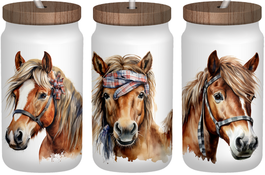 Horses Frosted 16oz Glass Can – Bamboo Lid & Straw