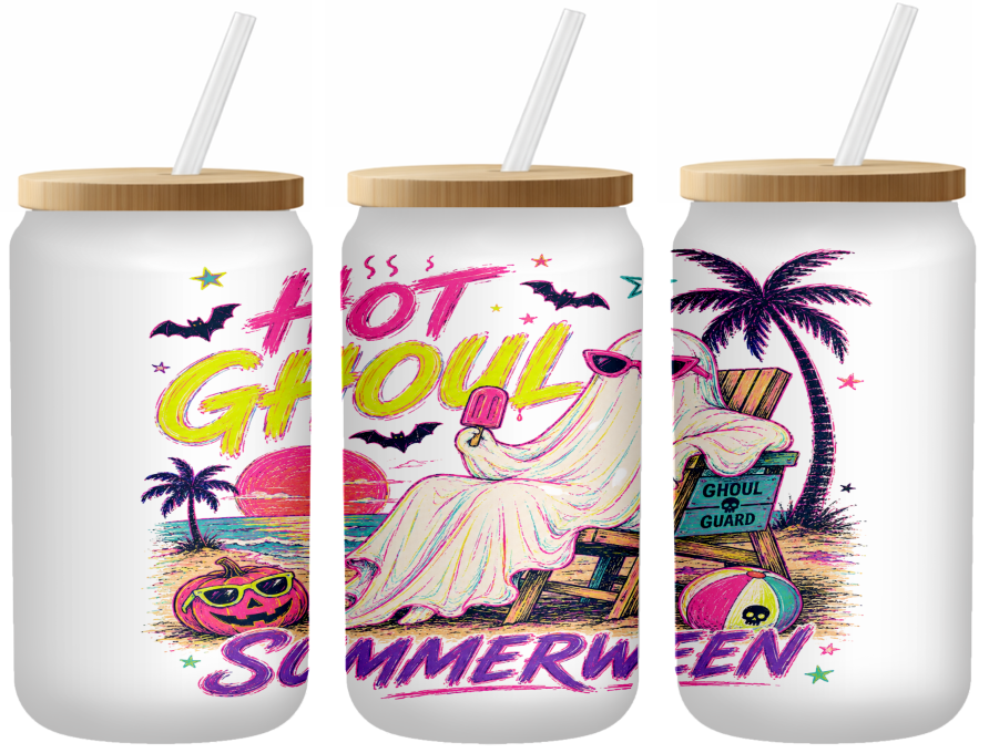 Hot Ghoul Summerween Glass Can | 16oz Frosted Tumbler – Bamboo Lid & Straw