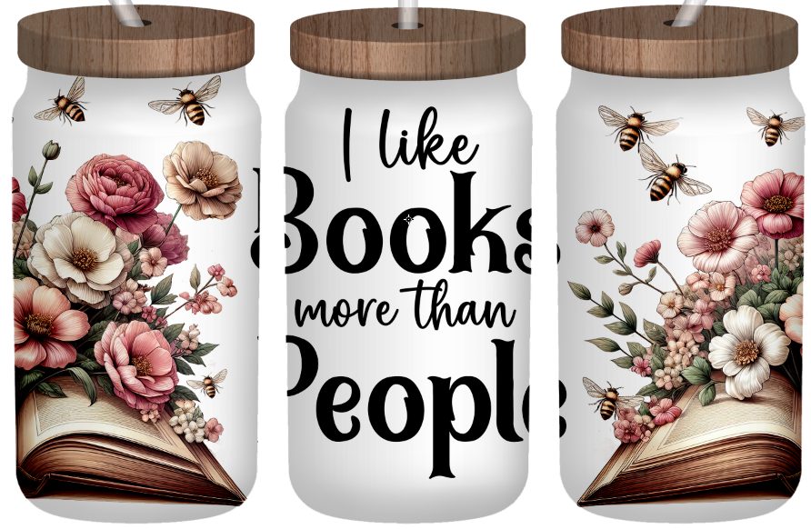 I Like Books More Than People | Frosted 16oz Glass Can – Bamboo Lid & Straw