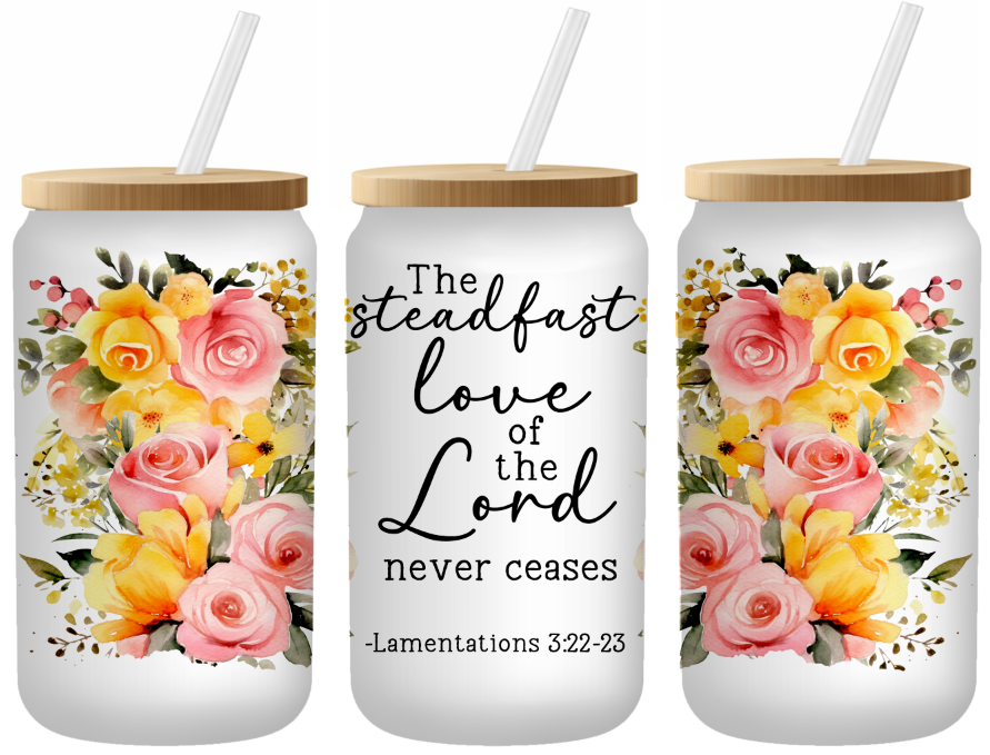 Lamentations 3:22-23 Floral Glass Can | 16oz Frosted Tumbler – Bamboo Lid & Straw