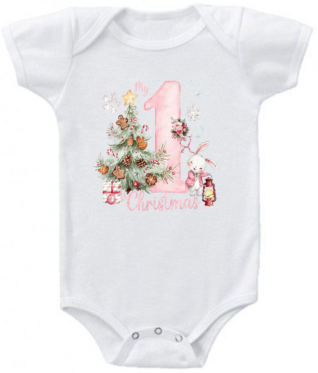 My 1st Christmas Pink with tree and bunny baby bodysuit
