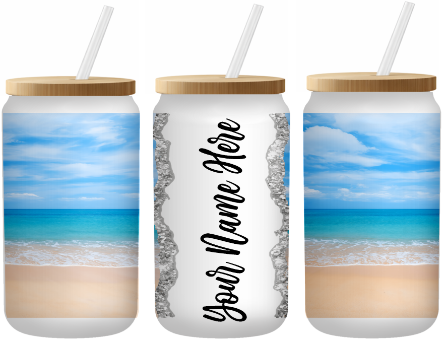 Ocean Daydream Personalized 16 Ounce Frosted Glass Can | Johanna Lesley Creations