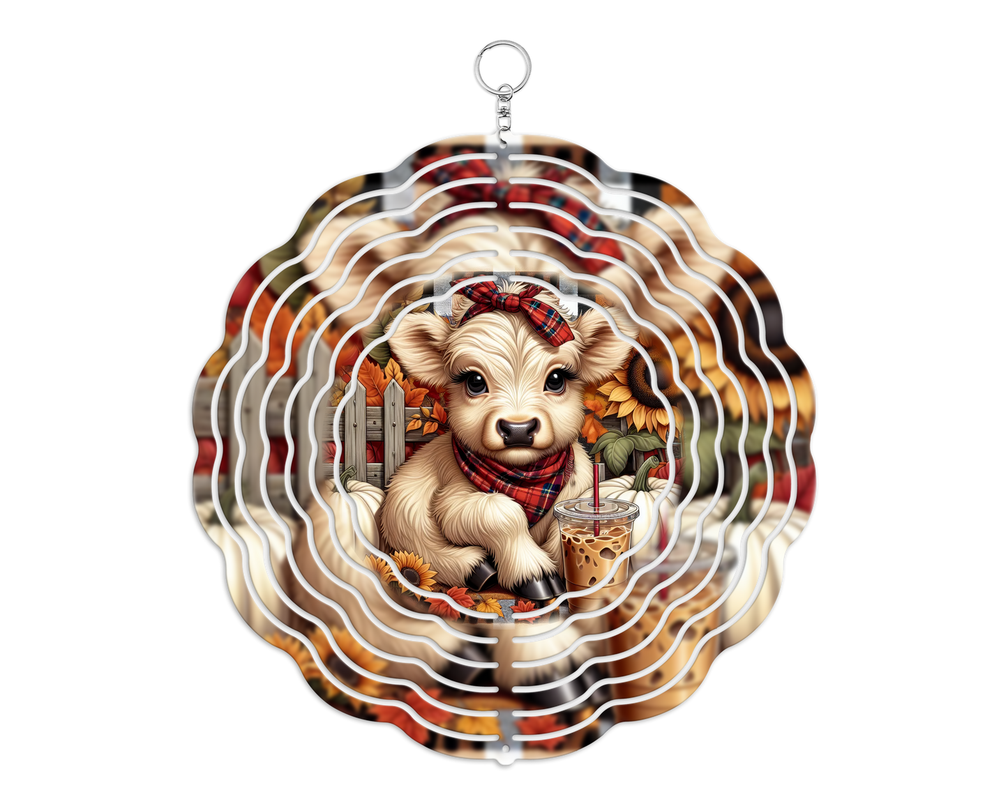 Plaid Highland Cow with Iced Coffee 8" Wind Spinner