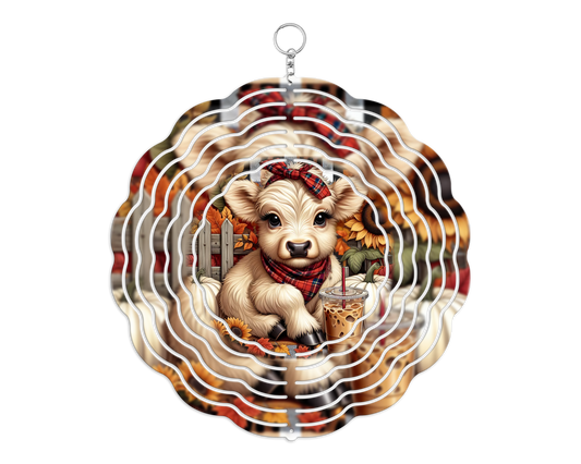 Plaid Highland Cow with Iced Coffee 8" Wind Spinner
