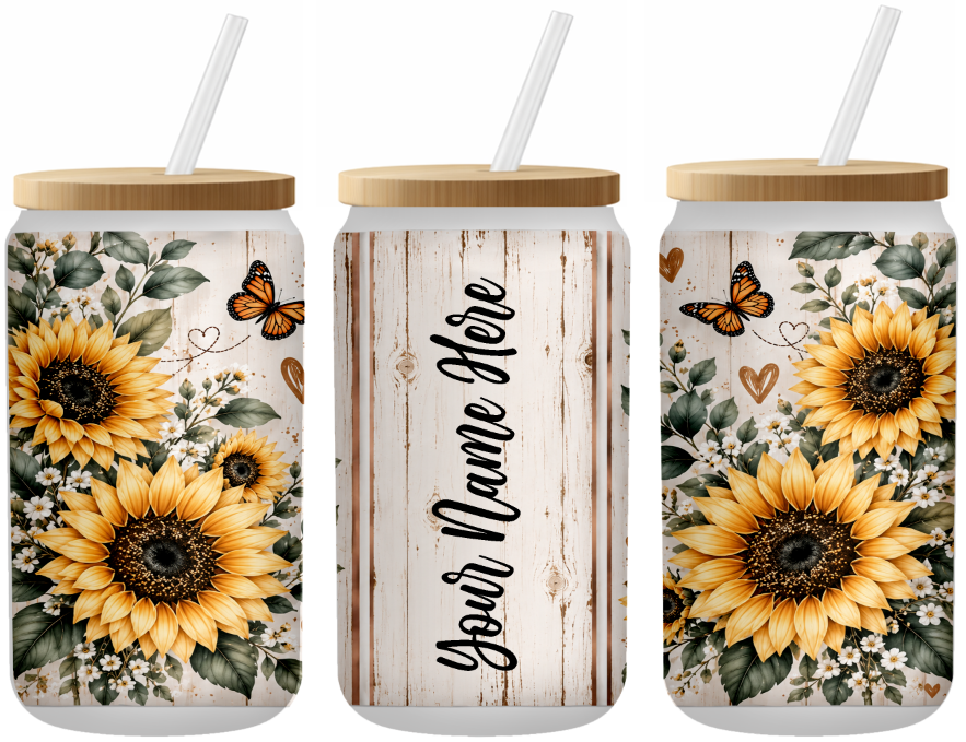Rustic Sunflowers and Butterflies Personalized 16 Ounce Frosted Glass Can | Johanna Lesley Creations
