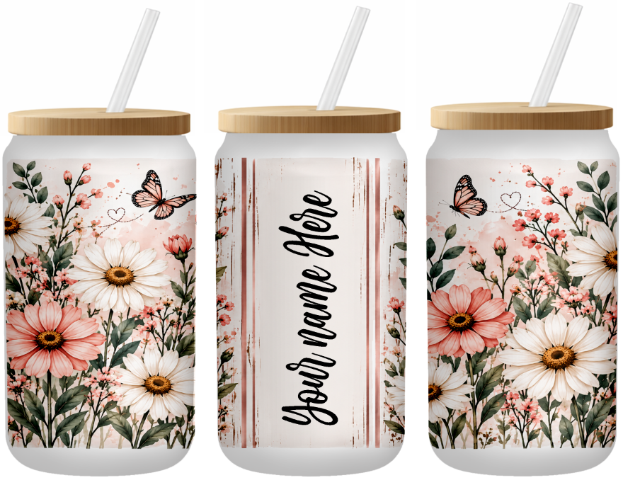 Shabby Chic Floral Butterfly Personalized 16 Ounce Frosted Glass Can | Johanna Lesley Creations