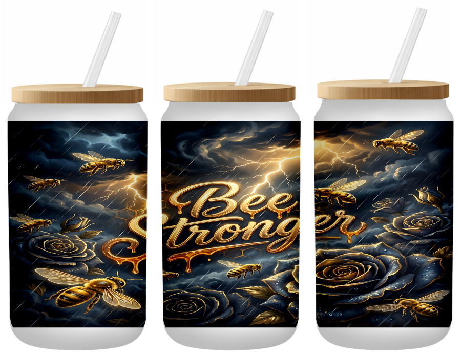 Bee Strong Floral Glass Can | 16oz Frosted Tumbler – Bamboo Lid & Straw