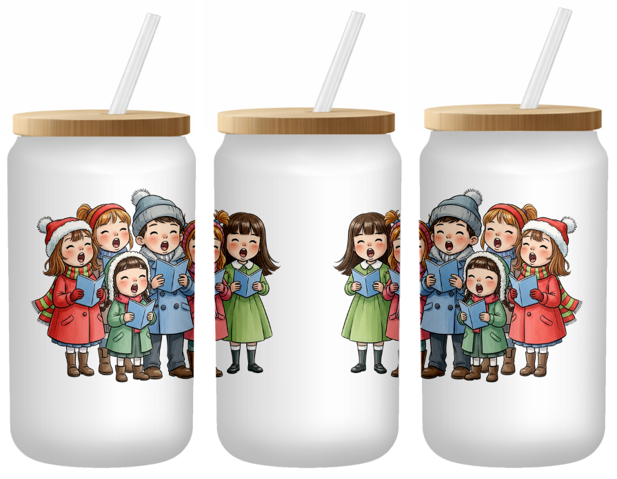 Vintage Cute Christmas Carolers | Frosted 16oz Glass Can – Bamboo Lid & Straw