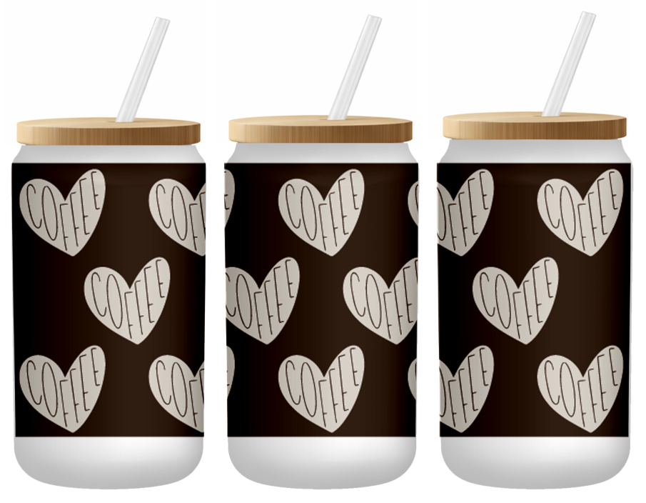 Neutral Coffee Heart Pattern | Frosted 16oz Glass Can – Bamboo Lid & Straw