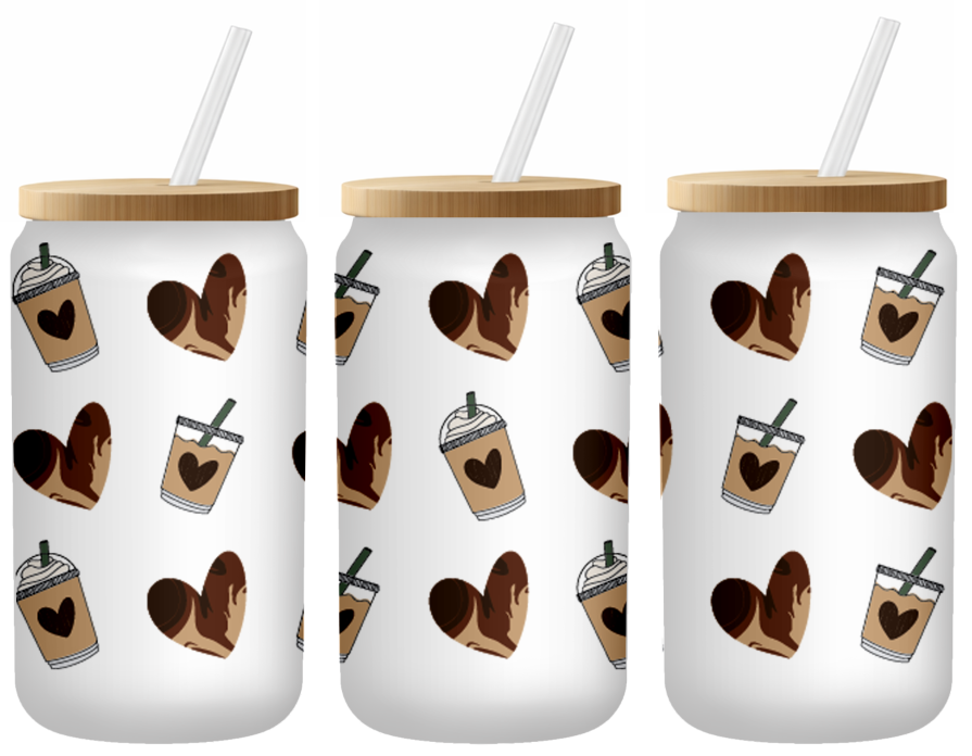 Rustic Coffee Hearts | Frosted 16oz Glass Can – Bamboo Lid & Straw