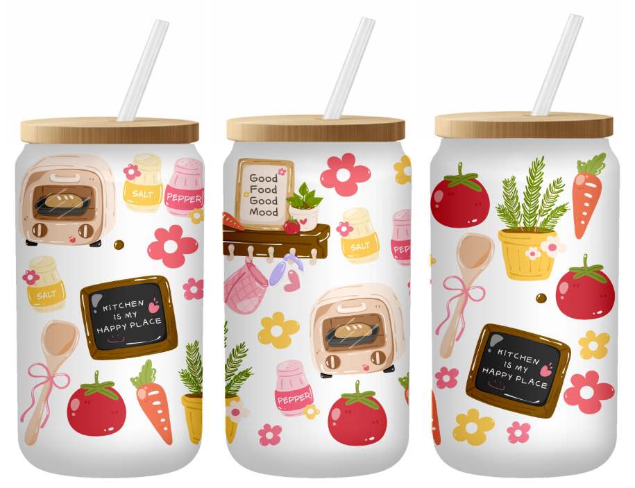 Rustic "Kitchen is My Happy Place" | Frosted 16oz Glass Can – Bamboo Lid & Straw