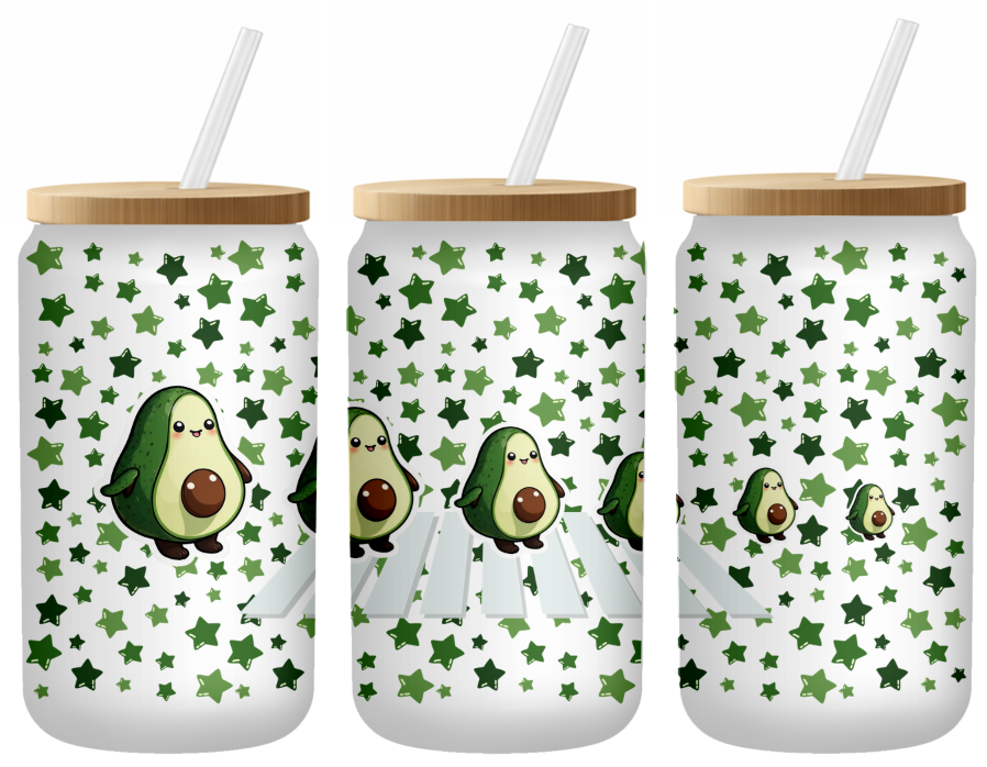 Dancing Avocados | Frosted 16oz Glass Can – Bamboo Lid & Straw