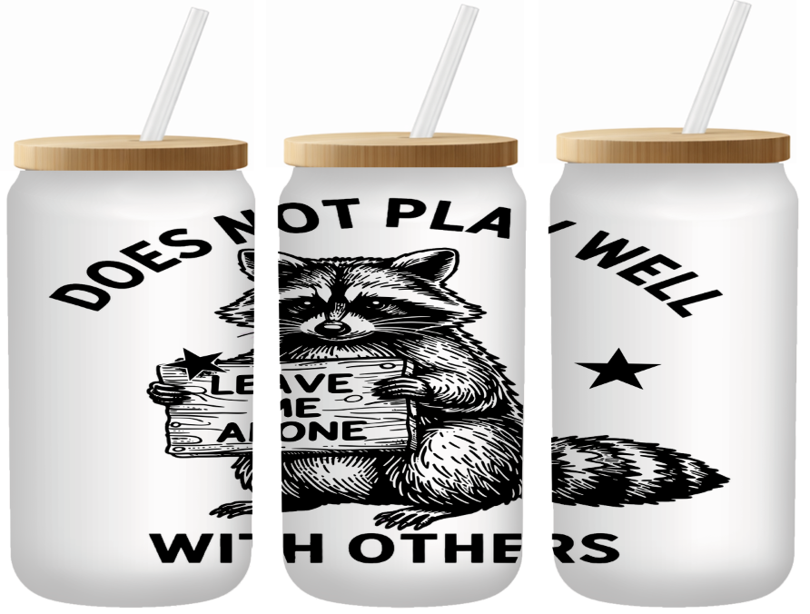 Does Not Play Well Raccoon Glass Can | 16oz Frosted Tumbler – Bamboo Lid & Straw