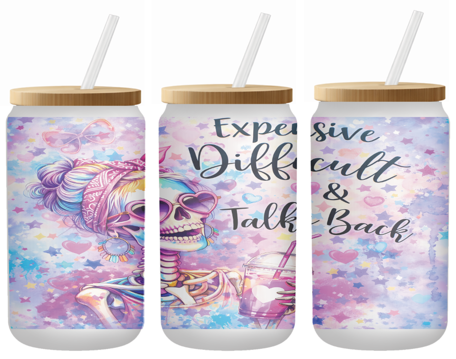 Expensive & Difficult Skull Glass Can | 16oz Frosted Tumbler – Bamboo Lid & Straw