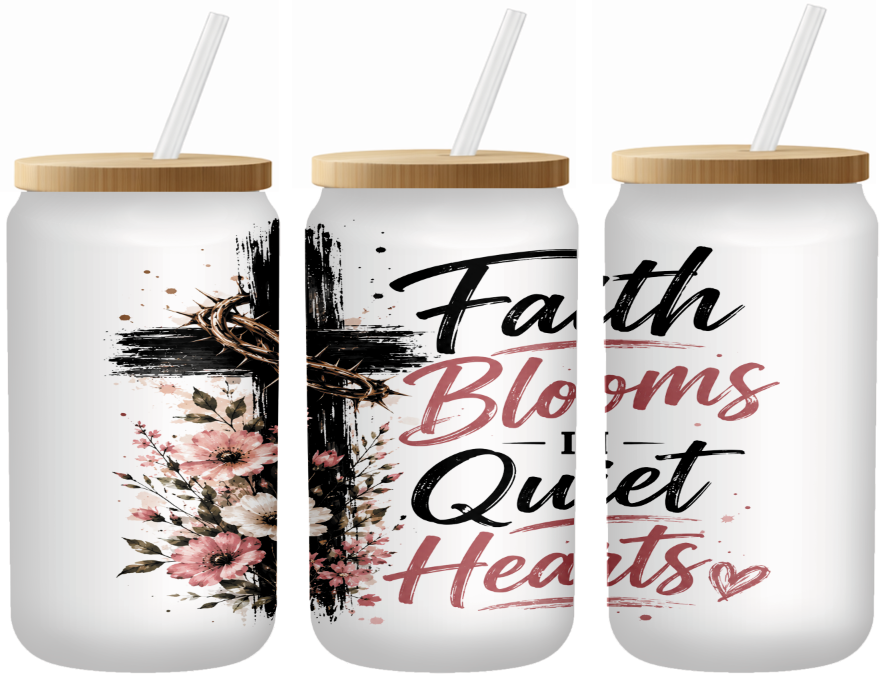 Faith Blooms Floral Cross Glass Can | 16oz Frosted Tumbler – Bamboo Lid & Straw