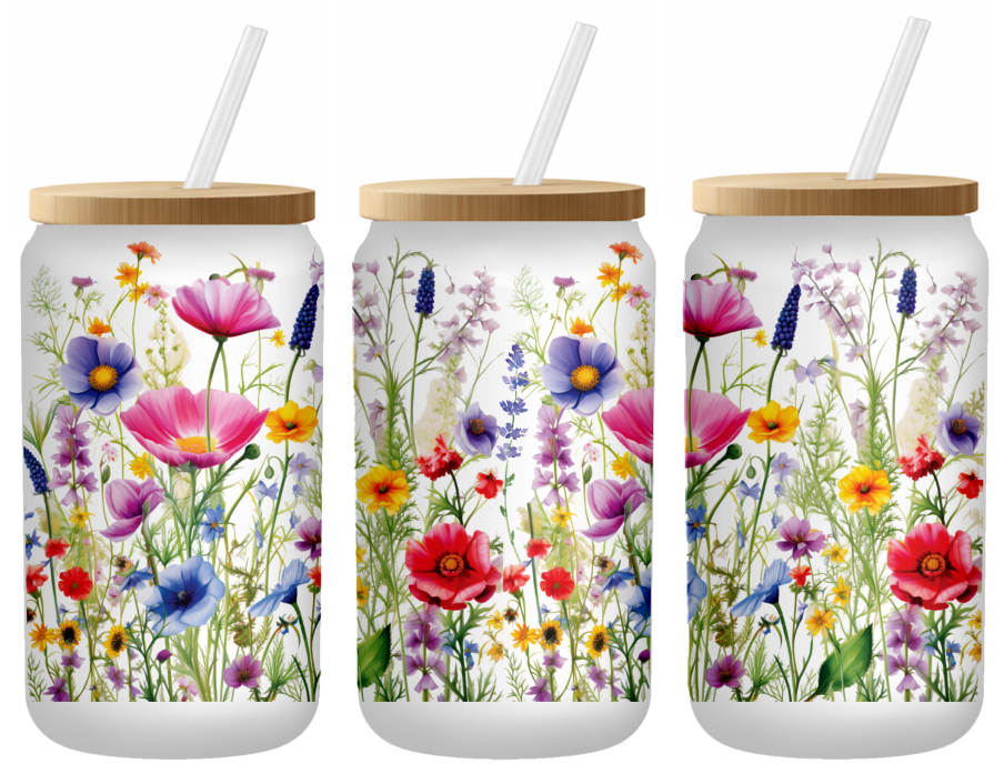 Wildflower Meadow Glass Can | 16oz Frosted Tumbler – Bamboo Lid & Straw
