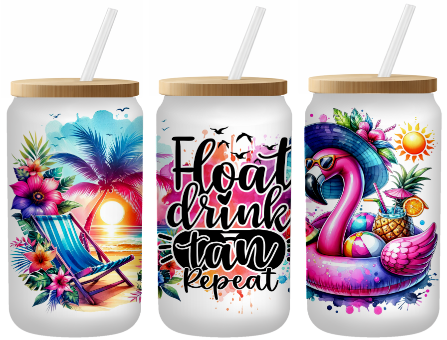 Float Drink Tan Repeat Glass Can | 16oz Frosted Tumbler – Bamboo Lid & Straw