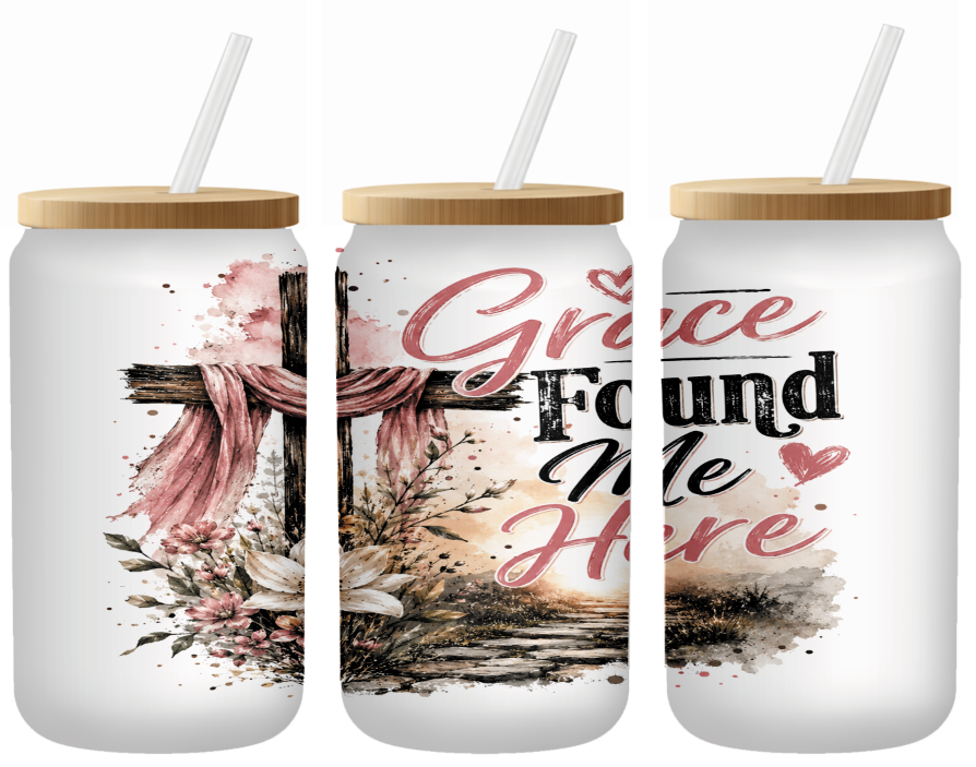Grace Found Me Here Cross Glass Can | 16oz Frosted Tumbler – Bamboo Lid & Straw