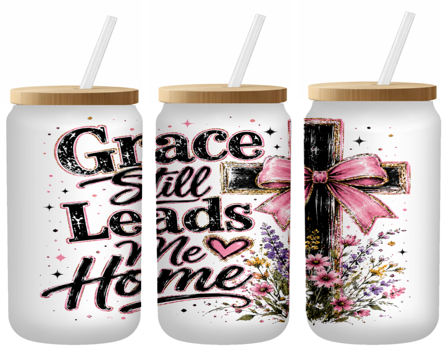 Grace Still Leads Floral Cross Glass Can | 16oz Frosted Tumbler – Bamboo Lid & Straw