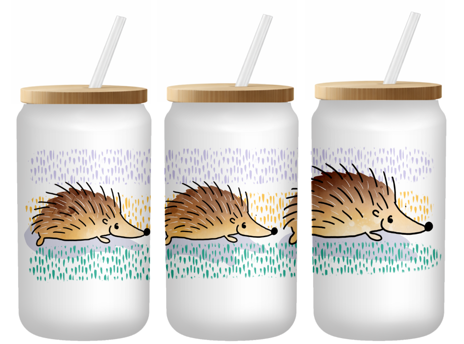 Cute Hedgehog Pattern Glass Can | 16oz Frosted Tumbler – Bamboo Lid & Straw