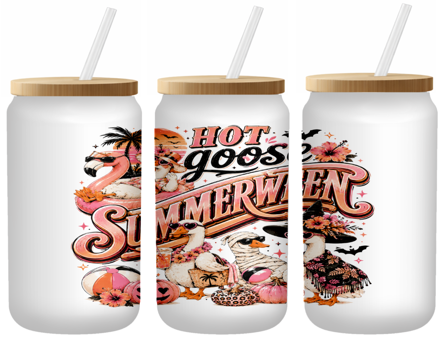 Hot Goose Summerween Glass Can | 16oz Frosted Tumbler – Bamboo Lid & Straw