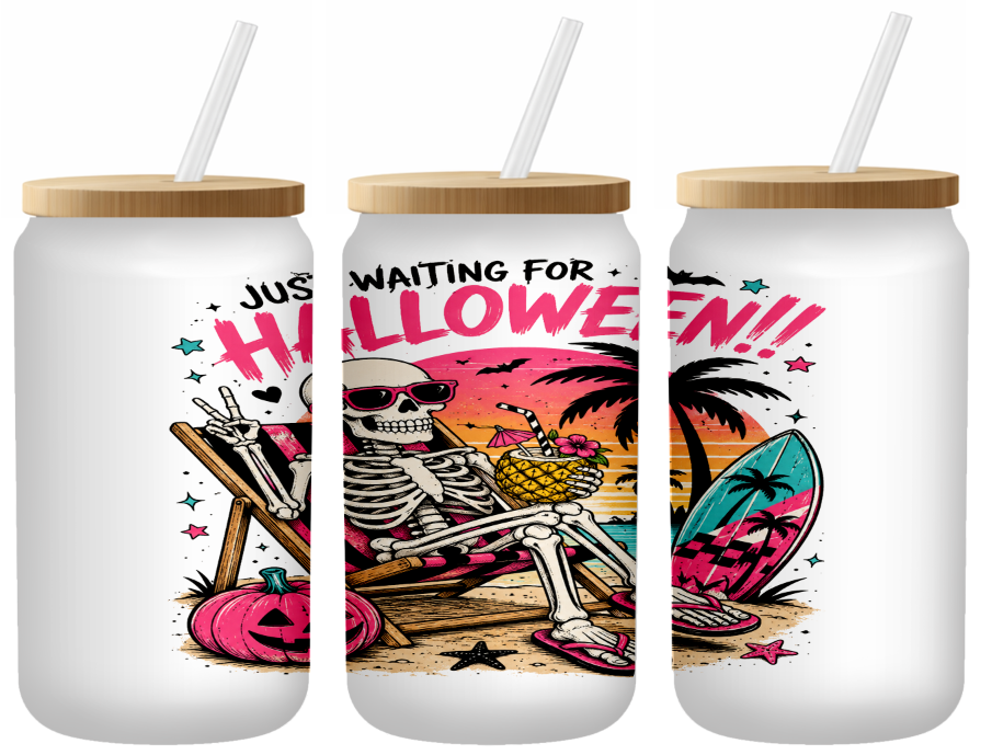 Just Waiting For Halloween Glass Can | 16oz Frosted Tumbler – Bamboo Lid & Straw