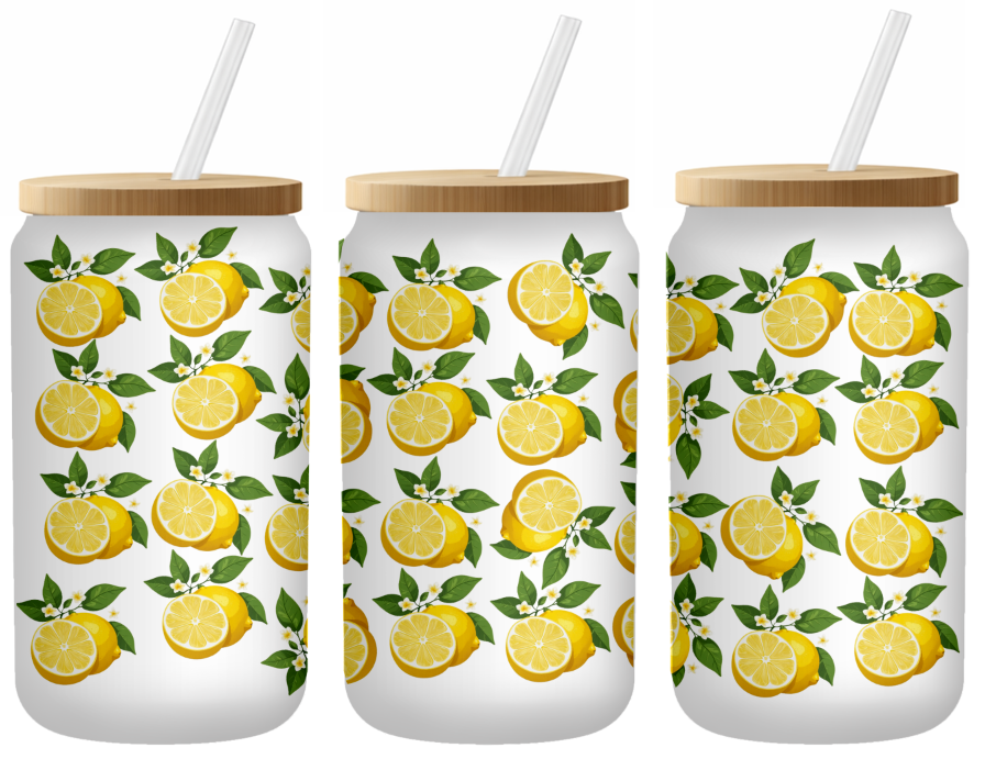 Fresh Lemon Pattern Glass Can | 16oz Frosted Tumbler – Bamboo Lid & Straw