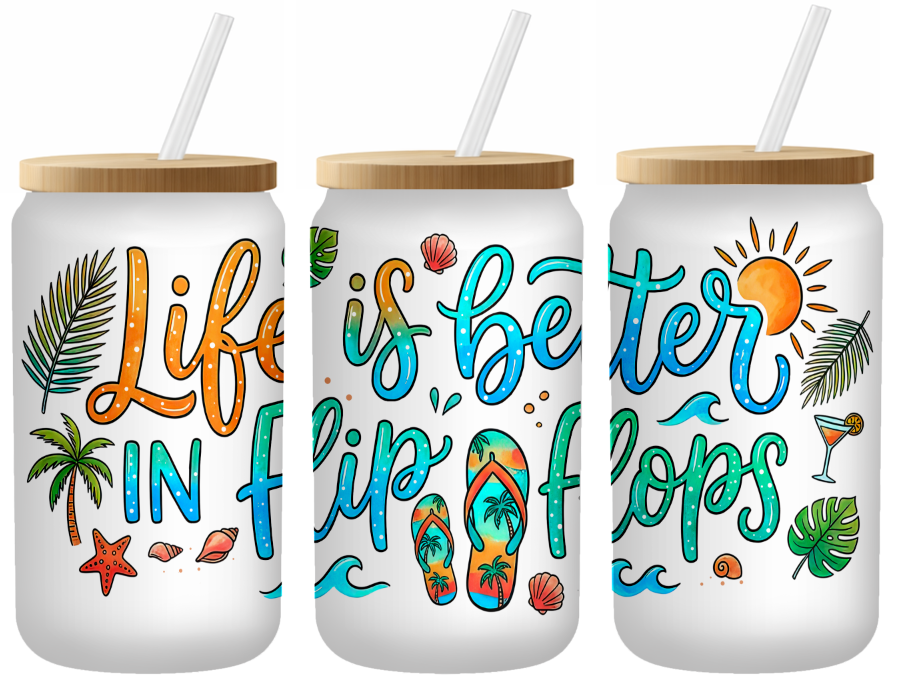 Life Is Better In Flip Flops Glass Can | 16oz Frosted Tumbler – Bamboo Lid & Straw