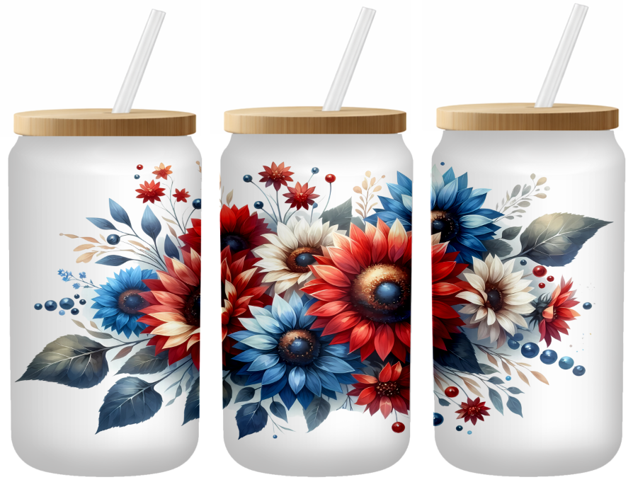 Patriotic Flowers Glass Can | 16oz Frosted Tumbler – Bamboo Lid & Straw