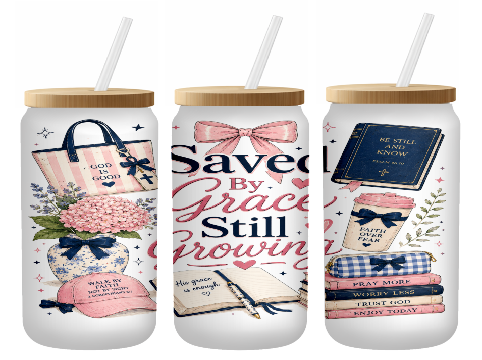 Saved By Grace Still Growing Glass Can | 16oz Frosted Tumbler – Bamboo Lid & Straw