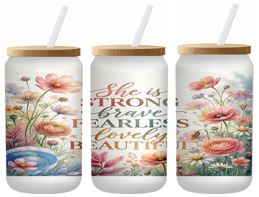 She Is Strong Brave Glass Can | 16oz Frosted Tumbler – Bamboo Lid & Straw