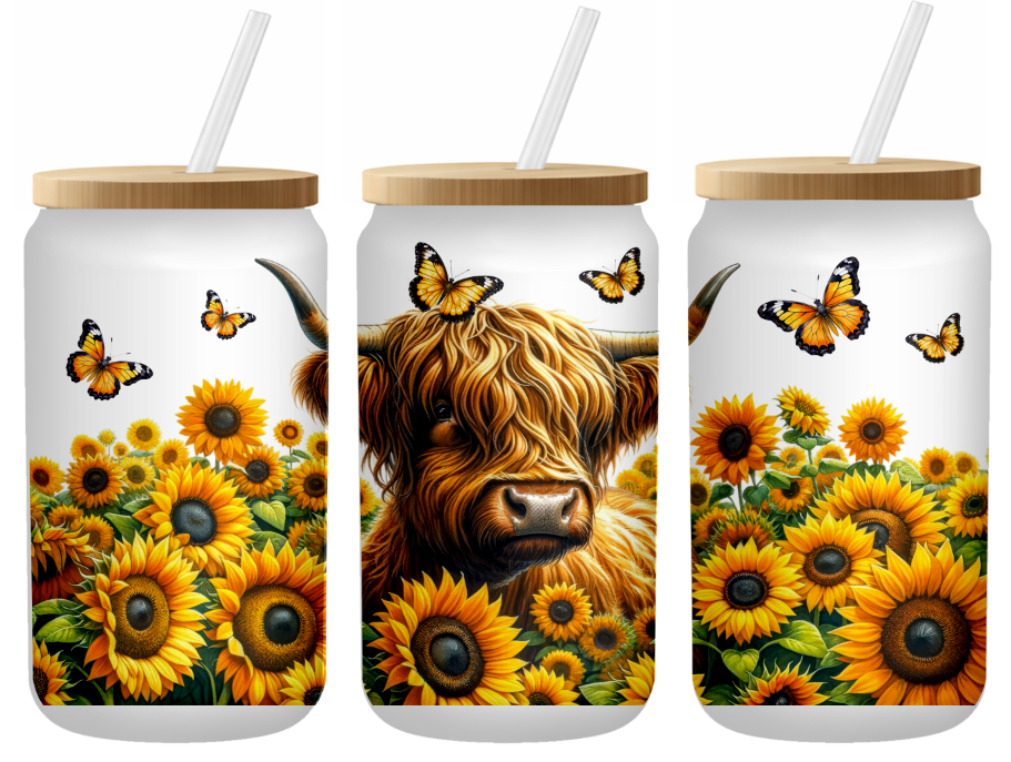 Summertime Highland Glass Can | 16oz Frosted Tumbler – Bamboo Lid & Straw