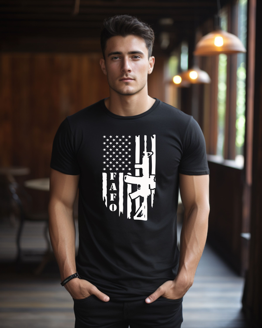 FAFO AR-15 and tattered American Flag with floating stars T-shirt