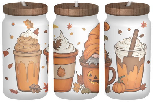 Autumn Gnome Café | 16oz Frosted Glass Can with Bamboo Lid & Straw