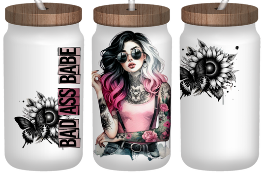 Bad Ass Babe 16oz frosted glass can