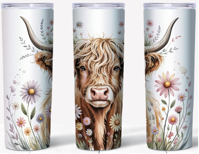 Boho Highland Cow with Wildflowers 20oz Tumbler | Johanna Lesley Creations