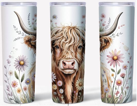 Boho Highland Cow with Wildflowers 20oz Tumbler | Johanna Lesley Creations