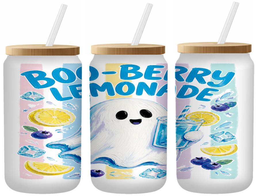 Booberry Lemonade Glass Can | 16oz Frosted Tumbler – Bamboo Lid & Straw