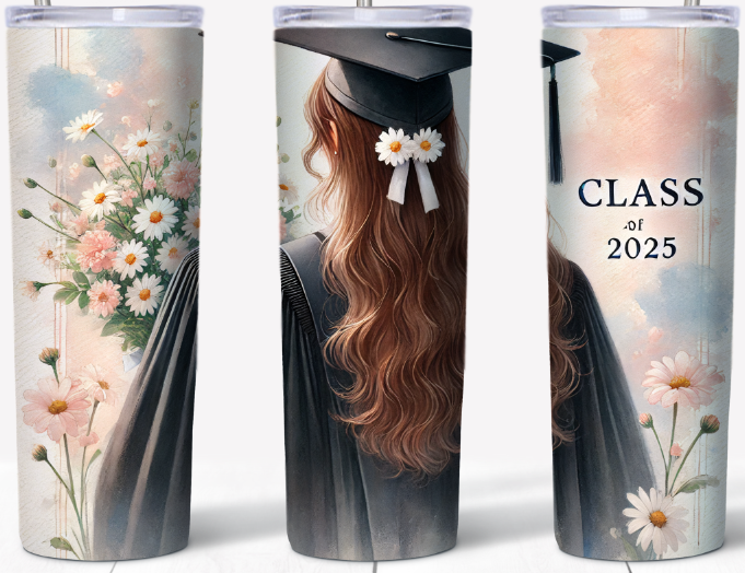 Class of 2025 Female- long brunette hair with daisies 20oz Tumbler