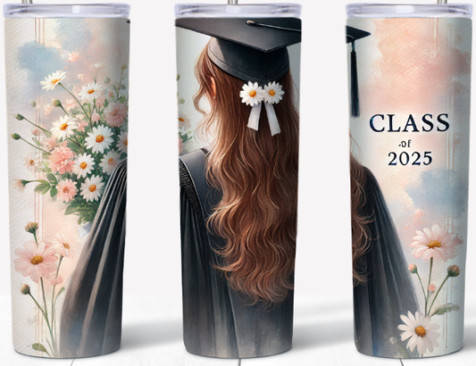 Class of 2025 Female- long brunette hair with daisies 20oz Tumbler