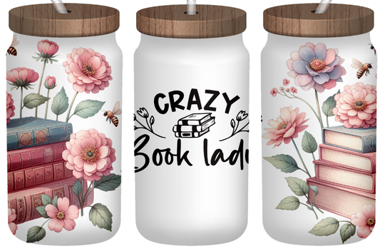 Crazy Book Lady 16oz frosted glass can