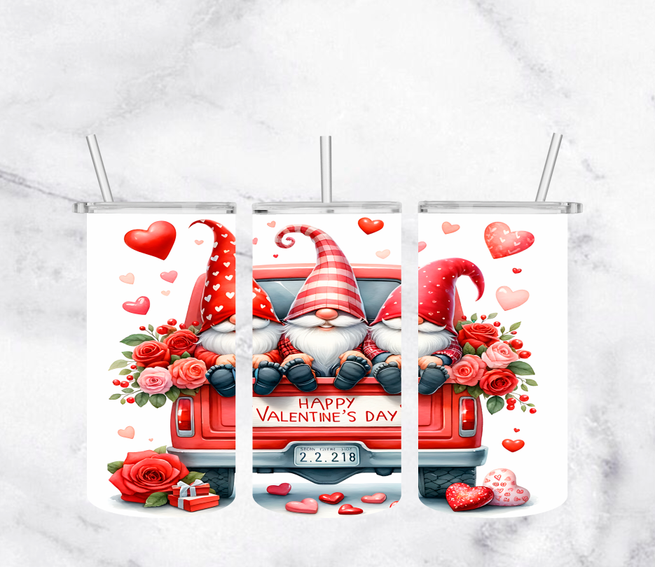 Gnomes in Red Truck with Floating Hearts | 20oz Stainless Steel Tumbler